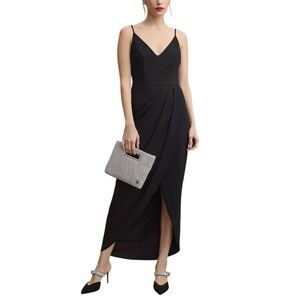 BHLDN Lyra Caron V-Neck Faux-Wrap Midi Dress Black Crepe Formal Black-Tie Sz 0